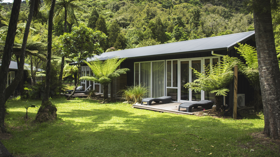 An Endeavour Suite is surrounded by native bush and lush greenery at Furneaux Lodge in the Marlborough Sounds, New Zealand.