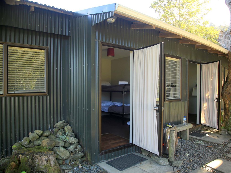 A Hiker's Bunk Cabin is one of the basic accommodation room options at Furneaux Lodge in the Marlborough Sounds at the top of New Zealand's South Island.