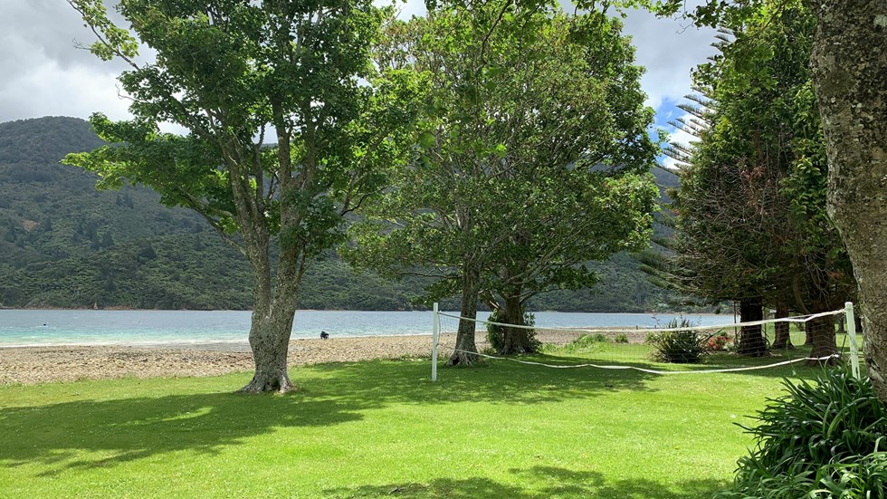 Volley ball net set up on the lawn under the trees on the waterfront at Furneaux Lodge, in the Marlborough Sounds at the top of New Zealand's South Island.