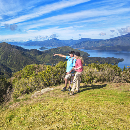 Two people walk on the northern Queen Charlotte Track in the Marlborough Sounds, New Zealand.