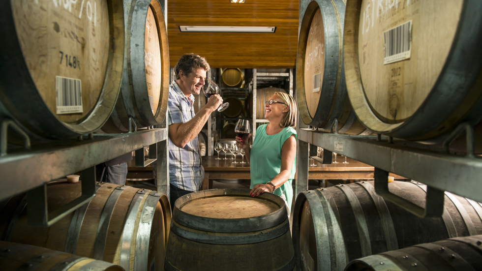 Couple drink red wine surrounded by wine barrels in a winery barrel hall on a wine tour in Marlborough near Blenheim, at the top of New Zealand's South Island