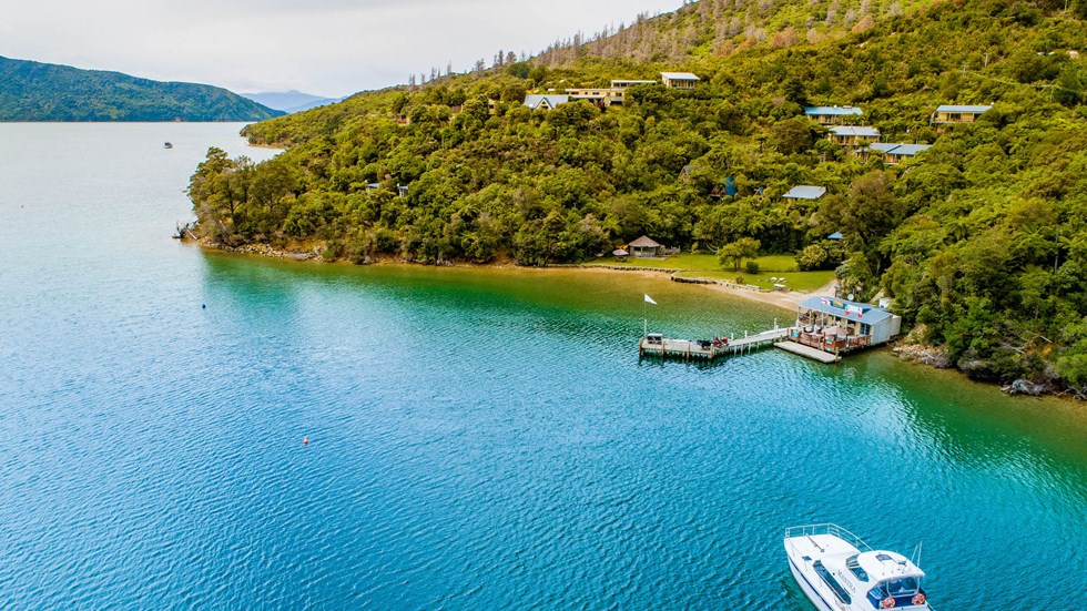 An aerial view of Punga Cove bay and the property accommodation in Endeavour Inlet n the Marlborough Sounds in New Zealand's top of the South Island