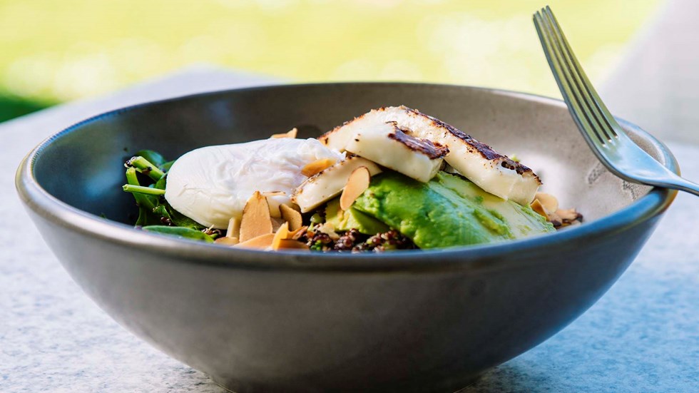 A bowl of haloumi, avocado, egg and more at the Furneaux Lodge Restaurant in the Marlborough Sounds at the top of New Zealand's South Island.